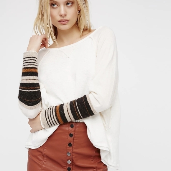 Free People Oversized Boat Neck Knit Cuff Long Raglan Sleeve Blouse Cream Small - Picture 14 of 14